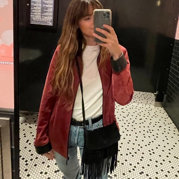 Burgundy and black suede genuine leather jacket with black leather trim size S - Picture 6 of 8